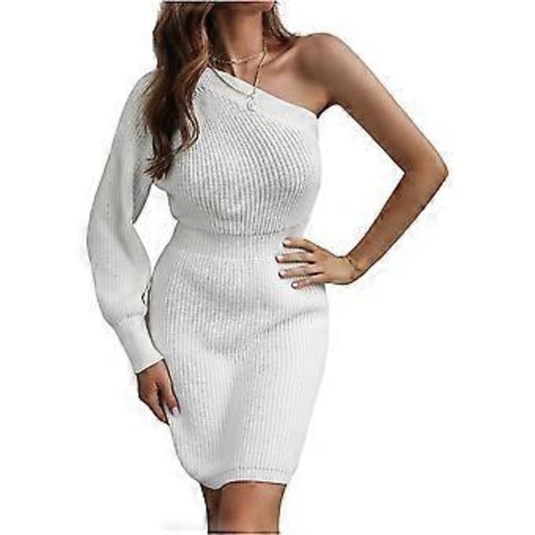 Dame Strikket Kjole En Skulder Sweater Kjole Langærmet Pullikled Efterår Vinter Strikket Mini Kjole(L)