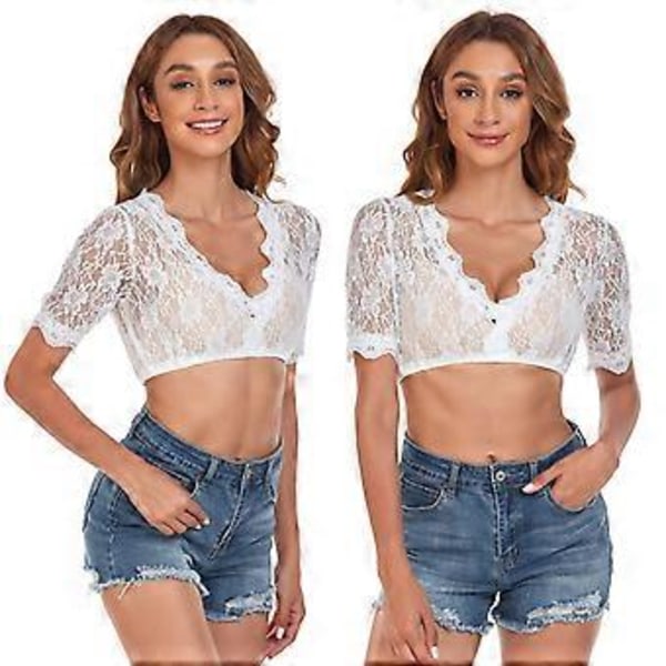 100% Ny Oppgradert Bayersk Oktoberfest Kostyme for Kvinner Tradisjonell Dirndl Bluse Ølhage Crop Top (40 Hvit halv erme)