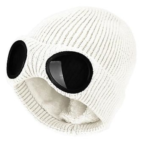 Ski Briller Beanie Heklet Hette Strikket Beanie Hette Vinter Ski Hette Med Briller (Hvit)