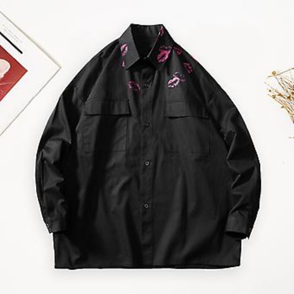 Skjortejakke med revers, lange ermer, klafflommer, enkeltradet, for menn, vår/høst, kyssprint, casual (2XL svart)
