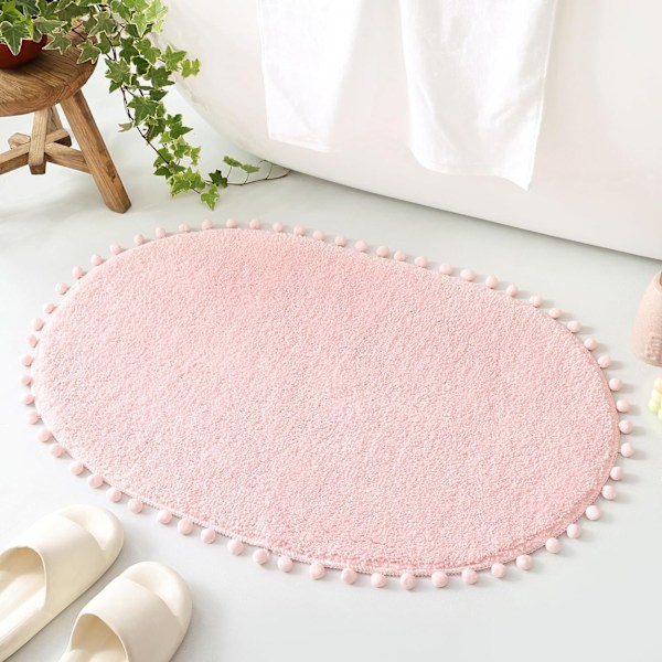 Badrumsmatta Blush Rosa Matta med Pom Oval Badrumsmattor för Sovrum Halkfri Söt Boho Absorberande Mattor Mjuk Plysch Tvättbar Ru