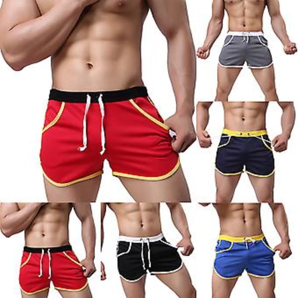Fianao Herre Fargeblokk Sommer Sport Gym Snørebånd Shorts Strandbukser Svømmebukser (L Safirblå)