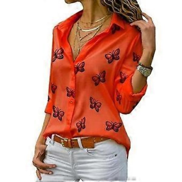 Dame Skjorte med Sommerfugltrykk, Nedfellbar Krage, Knapper, Chiffonbluser i Store Størrelser, Langermet Topper (XL rød)