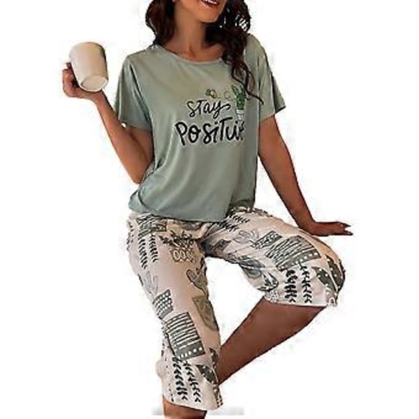 2-delat pyjamasset för damer med korta ärmar, supermjuka avslappnade sovkläder ljusgrönt (XL)