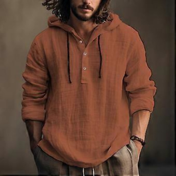 Bomull Linne Skjortor Män Tunn Hooded Hoodie Vår Höst Långärmad Pullovrar Enfärgad Vit Blå Casual Vardagskläder (L himmelsblå)
