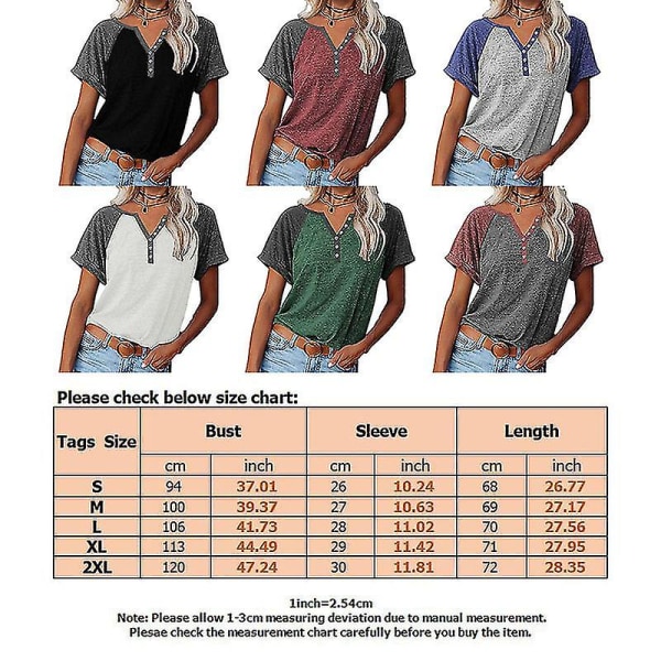 Women Summer Colorblock V-neck Short Sleeve T-shirt Dark Gray Dark Gray M