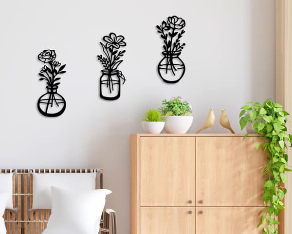 3 deler metallvase blomster veggkunst - rustikk gårdshusstil