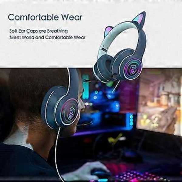 Gaming Headset med Katteører og Blinkende Mikrofon, Marineblå Stereo Hovedtelefoner