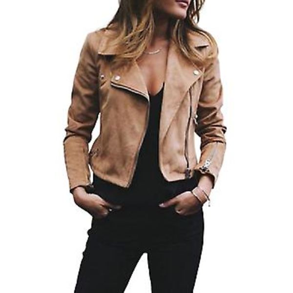 Kort ulljacka för kvinnor, trendig diagonal dragkedja, vår och höst (2XL Khaki)
