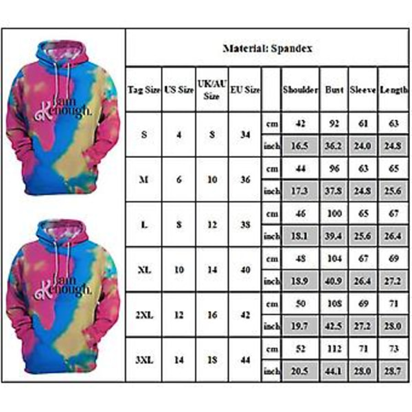 Barbie Tema Cosplay Kostume Tie-Dye Kvinder Hættetrøje Casual Tops Sweatshirt Løst Efterår Langærmet Lommer Hættetrøjer (XL)