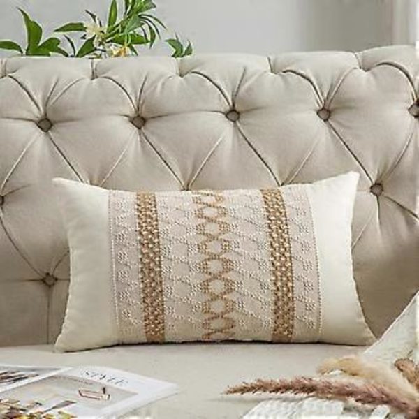 Lumbar Putesett Dekk 12 x 20 Tommer for Landlig Stue, Bomulls- og Burlap-Teksturerte Stripete Vevde Boho Putesett 1 stk