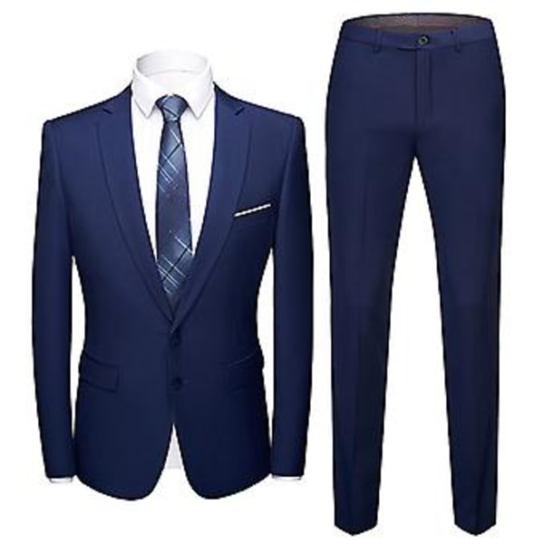 1 Sæt Blazer Bukser Ensfarvet Nedklappelig Krave Langærmet Slim Fit To Knapper Formelle Dragt Banket Prom(3XL Blå)