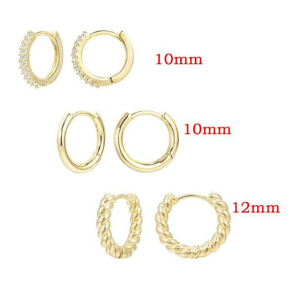 Förgyllda stolpar 3 par små örhängen set | Cubic Zirconia Plain Rope Huggie Hoops för kvinnor | Lätta örhängen