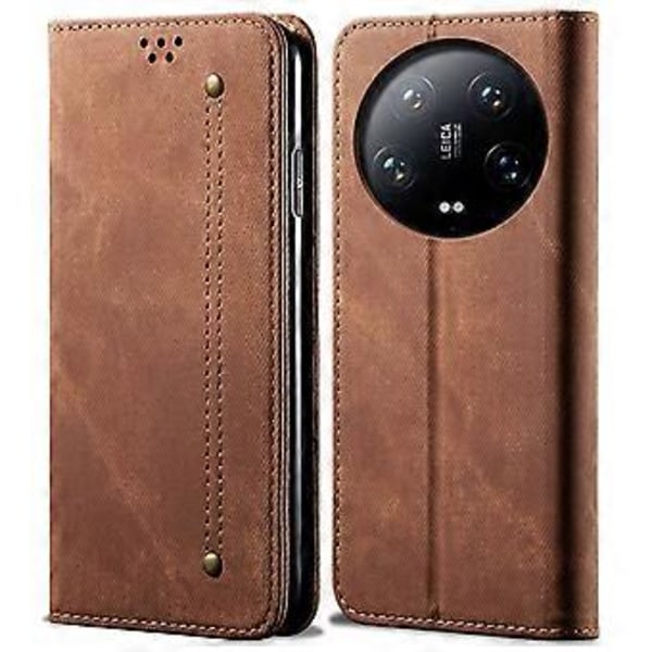 For Xiaomi 14 Ultra Mobiltelefon Deksel Jeans Stofftekstur Lærdeksel (Kaffe)
