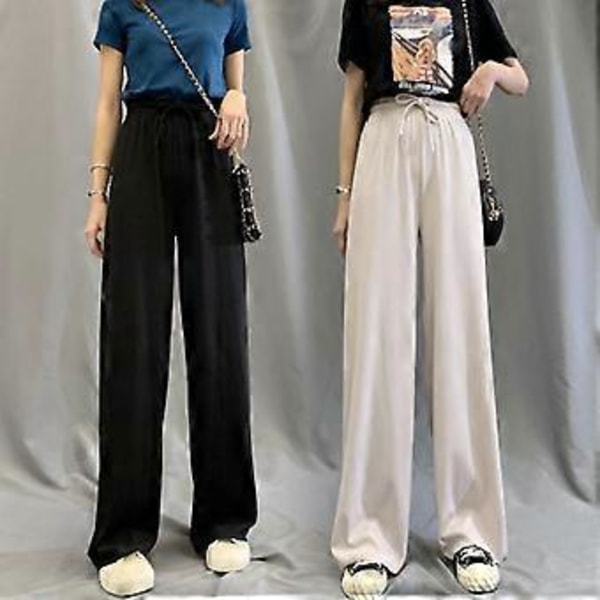 Dame Ice Silks Vide Ben Bukser Løse Elastisk Midje Casual Sommer Lange Bukser (M Rosa)