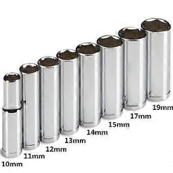 Uusi ammattikäyttöön tarkoitettu 8-osainen 3/8 tuuman syvä hylsysarja, metrinen, 10 mm - 19 mm