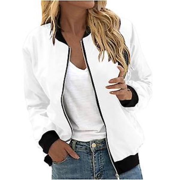 Womens Jackets Lightweight Zip Up Casual Bomber Jacket Coat Stand Collar Short Outwear Tops S White