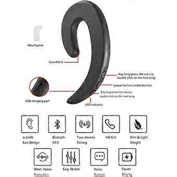3C Lätta Öronkrok Trådlösa Bluetooth-hörlurar, Smärtfri Bärning Enkelsidig Bluetooth-hörlurar med Mikrofon, Lättvikts Hörlurar utan Benledning Svart