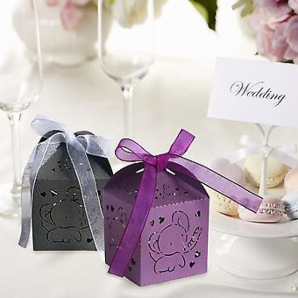 50 stk Laser Skårne Gaveæsker, Favør Sødmeæsker Med Bånd, Hul Elefant Design Små Gaveæsker Til Bryllup Brudebruser Dåb Babyshower