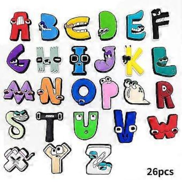 26 stk. Alphabet Lore Croc Charms Skodekorasjon for Tresko Sandaler, Skotilbehør for Barn Gutter Jenter Festgaver