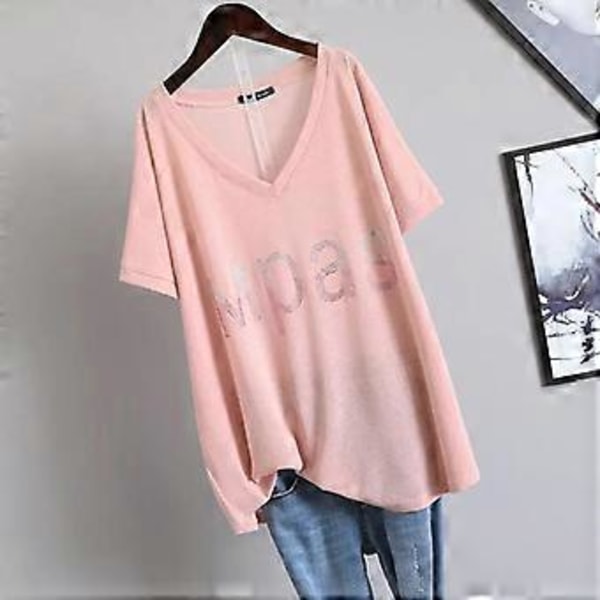 Ekstra Stor Størrelse T-shirt Dame Sommer V-hals Tøj Mode Løs Diamantbesat Bogstav Kortærmet T-shirt Dame (L pink)