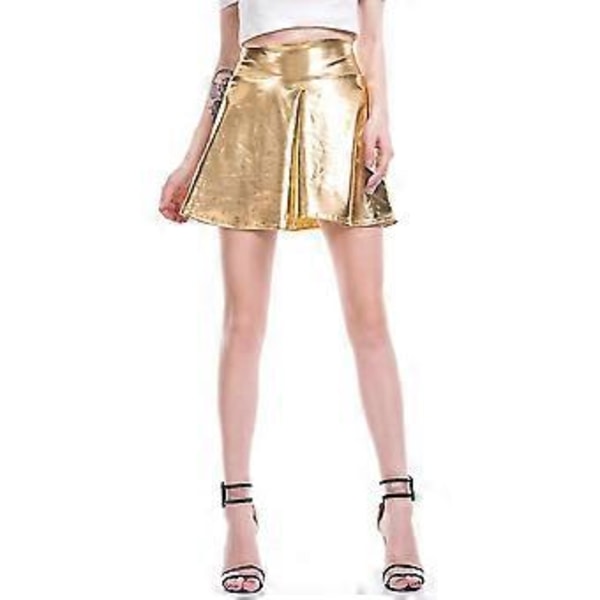 Dam Plisserad Minikjol Plisserad Kjol Våt Look Hög Midja Clubwear Bar Party Pu Läder Glänsande Scenkjol (M Guld)
