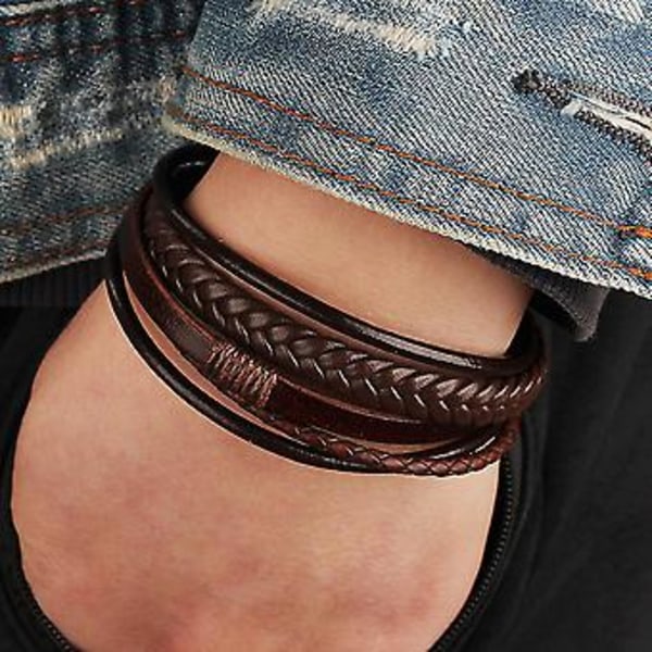 21cm Dropshipping Äkta Läderarmband Män Rostfritt Stål Flerlagigt Flätad Rep Armband För Man Smycken Armband Homme (H7737-4)