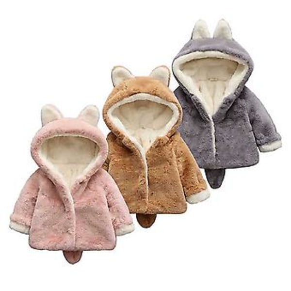 Barnjacka med söta kattöron i fluffig fleece, konstgjord päls, huva, ytterkläder (6-12 månader, rosa)