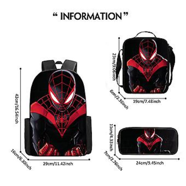 Marvel Spider-Man -reppu, lasten poikien ja tyttöjen sarjakuva-animekoulukassin, lounaskassin ja kynäkotelon setti, olkalaukku, matkalaukku, kolmiosainen lahja (A)