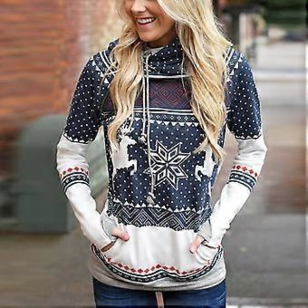 Dametøj Jule Reindeer Print Hoodies Langærmet Hættetrøje Trøje Jule Casual Jumper Tops Med Lommer (XL Blå)