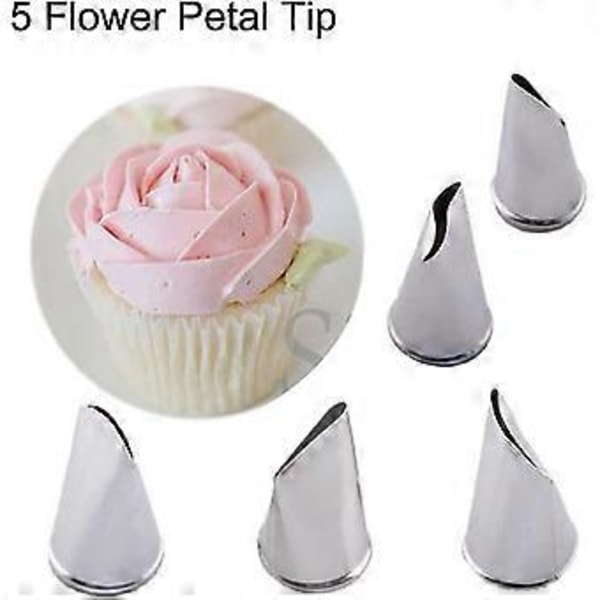 5 Deler Blomst Rose Sprøytetipper Sett - Sprøyteposer i Rustfritt Stål Sett For Kaker Cupcakes Kaker Kjeks Dekorering