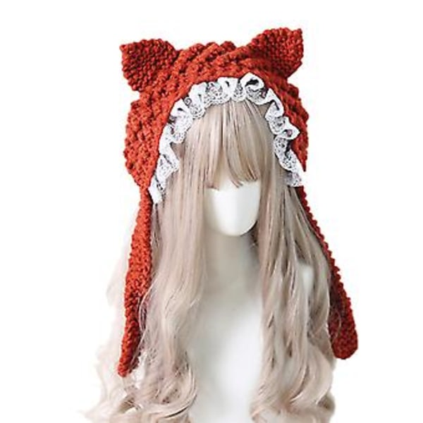 Knitted Cartoon Ears Hat Kitten Ears Hats Winter Ear Protective Crochet Beanie ( Brick red lace)