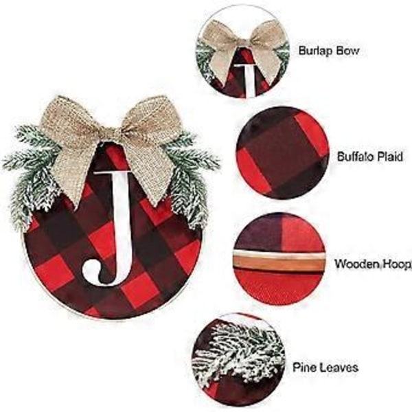 3 stk. Julepynt, 34 cm Ternet Plaid Krans til Fordøren, Rustikk Burlap Træ Julepynt Rød Sort Julekrans