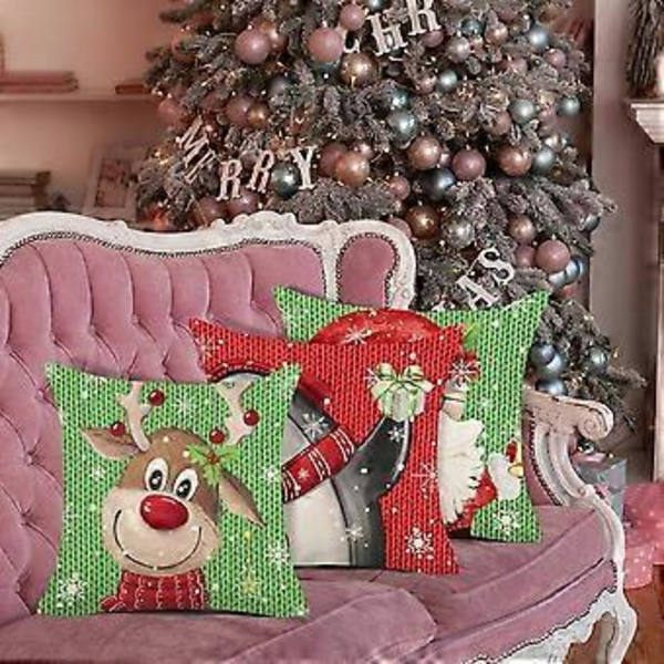 Jul Kuddar 18x18 Tum, Set om 4, Linne Snögubbe Älg Jul Kuddfodral Tomte Kuddfodral