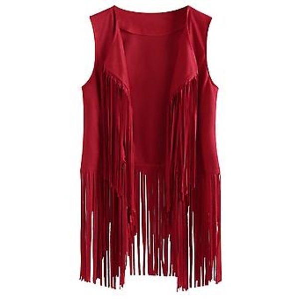 Dame Tassel Ærmeløs Vest 70'erne 1970'erne Vintage Party Hippie Faux Suede Fringe Jakke Cardigan (S Rød)