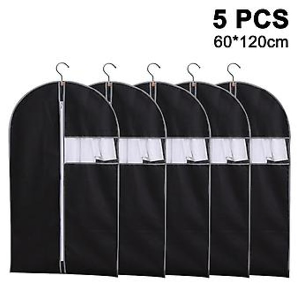 Set med 5 hängande klädöverdrag för förvaring Andningsbart kostymöverdrag för garderob Dammskyddande överdrag med blixtlås för kostym, kavaj 60x120cm Svart