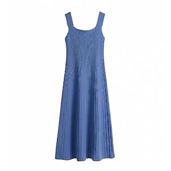 Sommarklänning för kvinnor, randig, plisserad, A-linje, camisole-band, lång klänning (S himmelsblå)