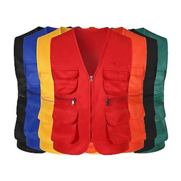 Yksivärinen monitaskullinen liivi V-kaula-aukko vetoketjullinen ohut unisex ulkoilmakuvaaja vapaaehtoinen liivi vaellusvaatteet (3XL Keltainen)