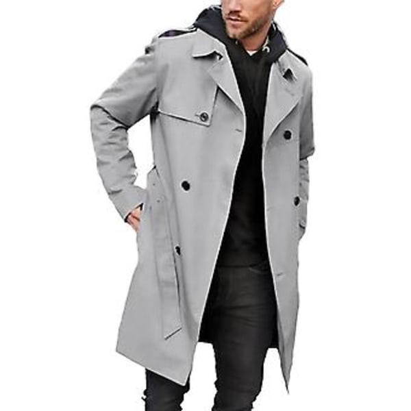 Herrar Höst Vinter Enfärgad Vindjacka Krage Långärmad Dubbelknäppt Fickor Bälte Slim Fit Lång Rock Streetwear (2XL Ljusgrå)
