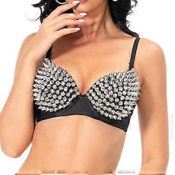 Nithäftad Korsett Handgjort Underkläder Lyx Push up BH för Klubbdamer Tjejer Show (XL svart silver)