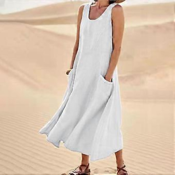 Ärmlös bomullslinneklänning för dam med fickor, bohemisk strandklänning (L Beige)
