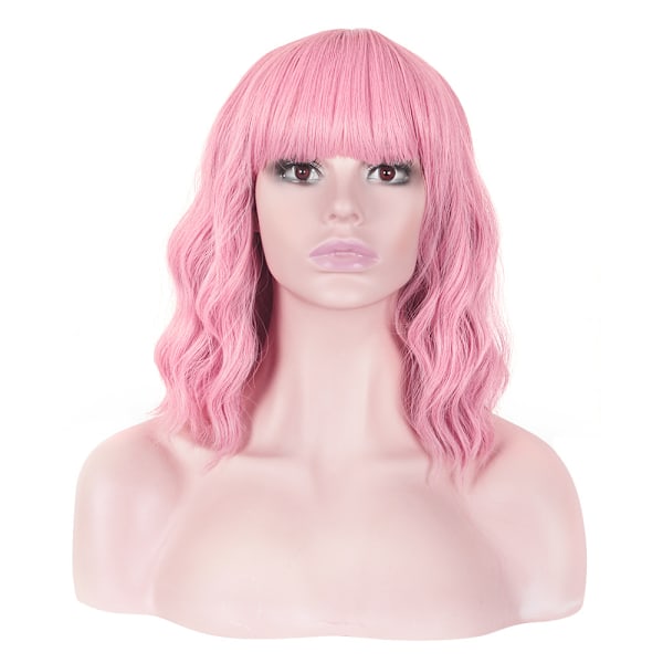 Pastellfärgad vågig peruk med luftlugg för kvinnor, kort bob lila rosa lockig axellång syntetisk peruk för dagligt bruk, färgglad cosplayperuk för flickor (12 tum, lila rosa)