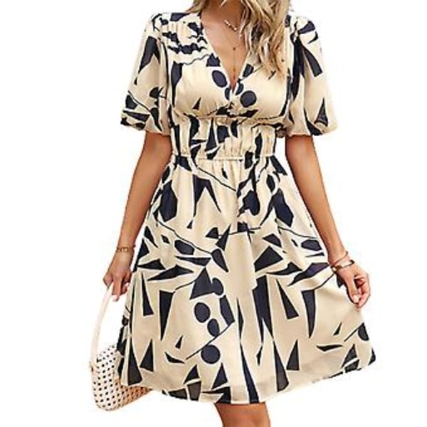 Kvindesommerkjole med høj talje Strandkjole Kvinder Plus Size V-hals Kjole Gave til Mor Kvinde Elsker (Abrikos)