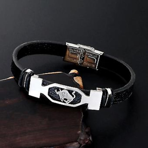 12 Konstellation Rustfrit Stål Manschet Armbånd Mænd Kvinder Zodiac Tegn Sort Læder Wrap Armbånd Smykker Pulseras Hombre (Taurus)