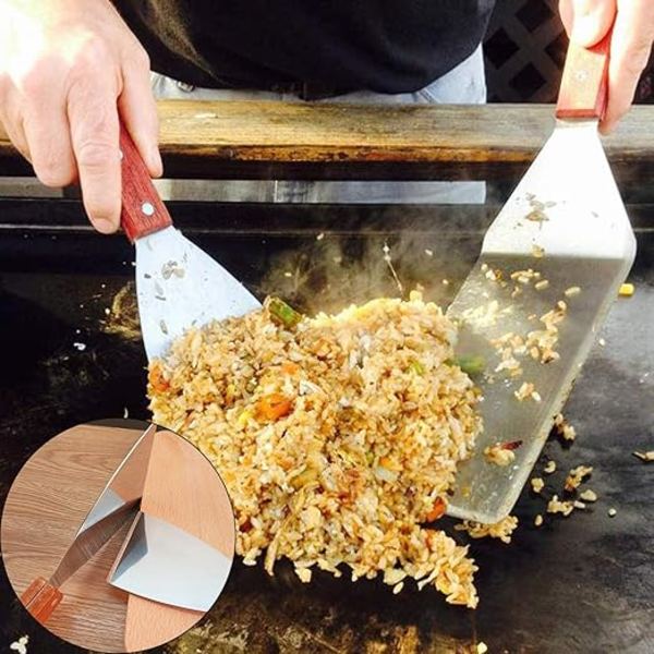 2 stycken, rostfritt stålspatel med trähandtag, grillspatel, plancha-spatel