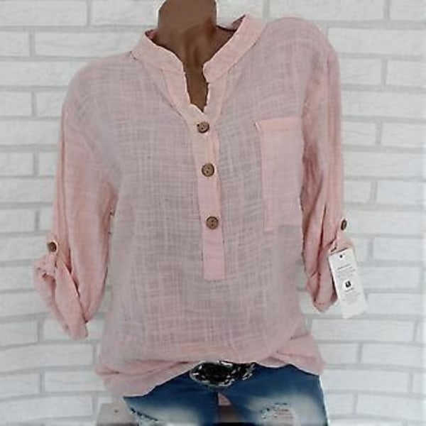 Dame Ensfarvet V-hals Bluse med Lommer (XL khaki)