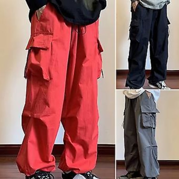 Män Cargo Byxor Snörning Flera Fickor Enfärgad Lös Hip Hop Streetwear Ankelband Elastisk Midja Män Sommarbyxor Manliga Kläder (XL Grå)