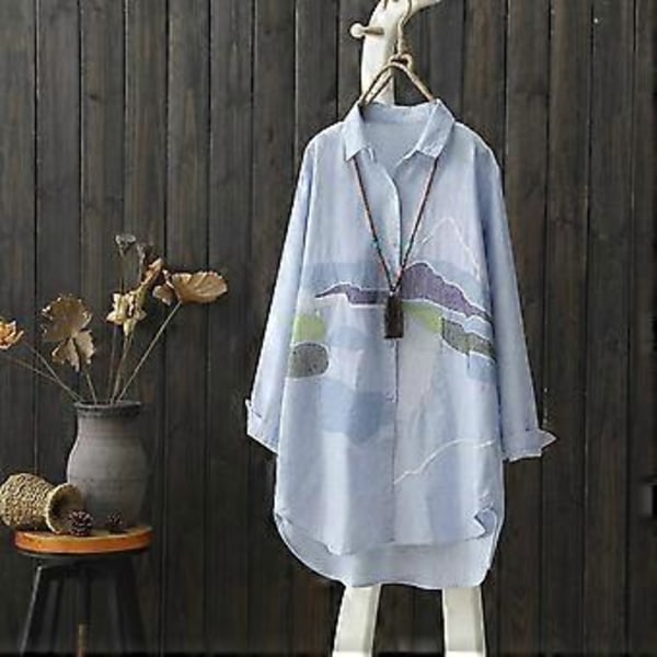 Vår og Høst Broderi Langermet Bomulls- og Linskjorte Dame Nålestripe Kunst Stor Størrelse Løs Skjorte Topp Dame (XXXL grå)