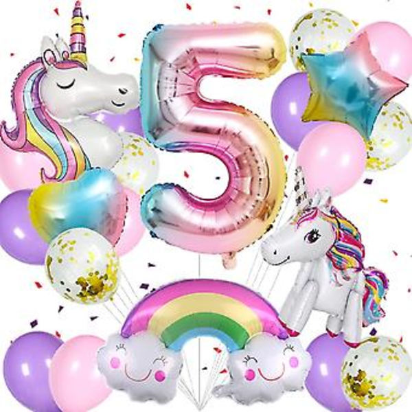 Enhörningsfödelsedagsprydnader för flickor, 21-pack Enhörningsballonger med Enhörning, Regnbåge, Hjärta, Stjärna, Latexballonger och Nummer 5 Ballon för 5-årsfest
