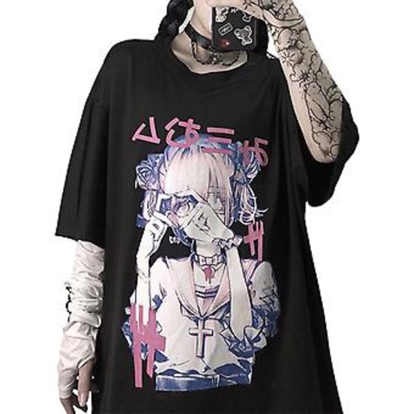 2023 Gothic T-shirt til kvinder med Anime Aesthetic Print Y2k Japansk Harajuku Streetwear Casual Crewneck Løstsiddende Toppe (XL)